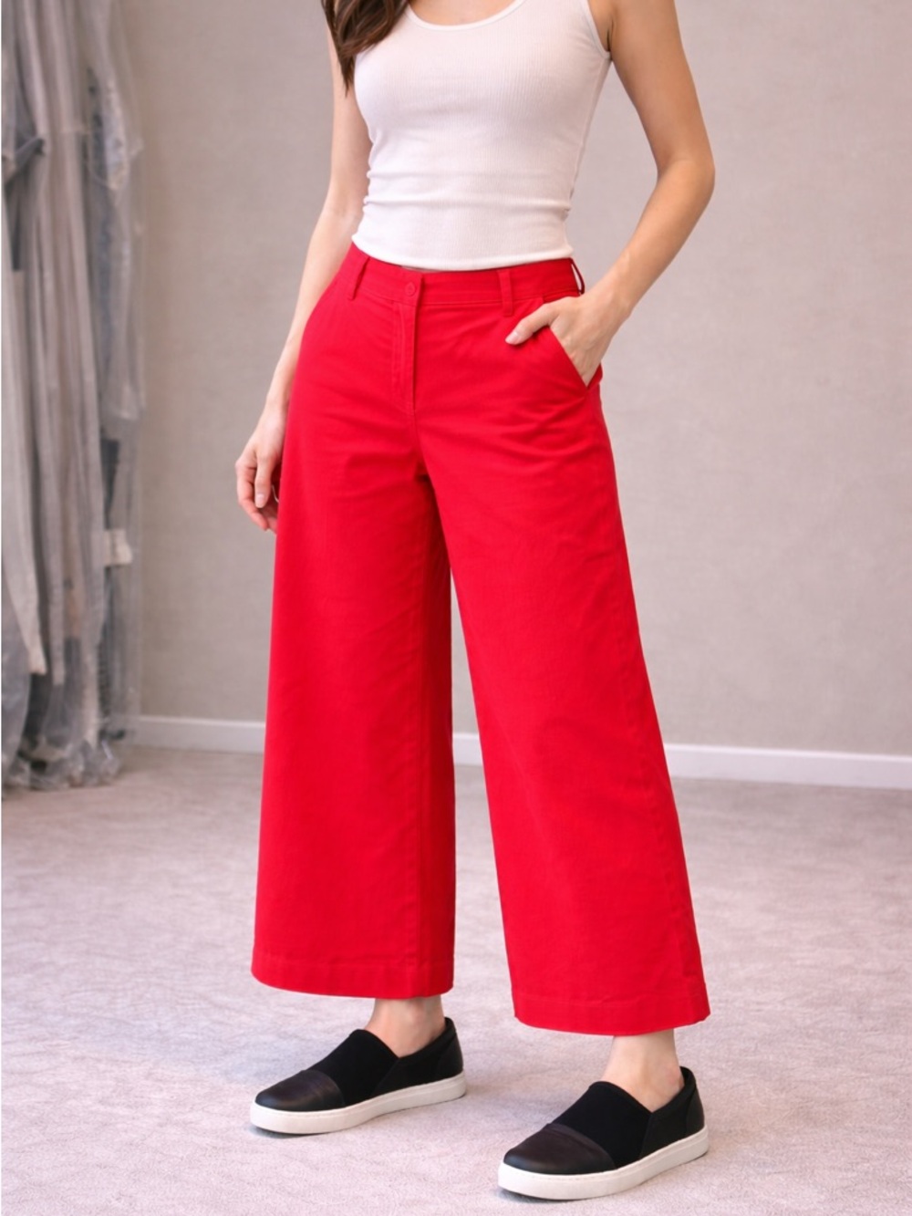 LOFT Red Wide-Leg Mid-Rise Pants